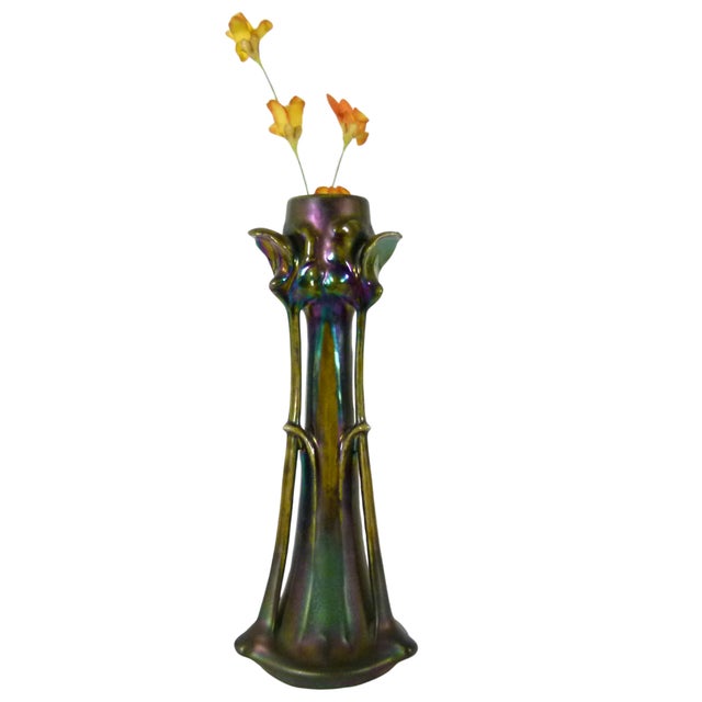 1900s Austrian Art Nouveau Heliosine Iridescent Iris Ceramic Vase by Karl Rudolf Ditmar For Sale In Atlanta - Image 6 of 13