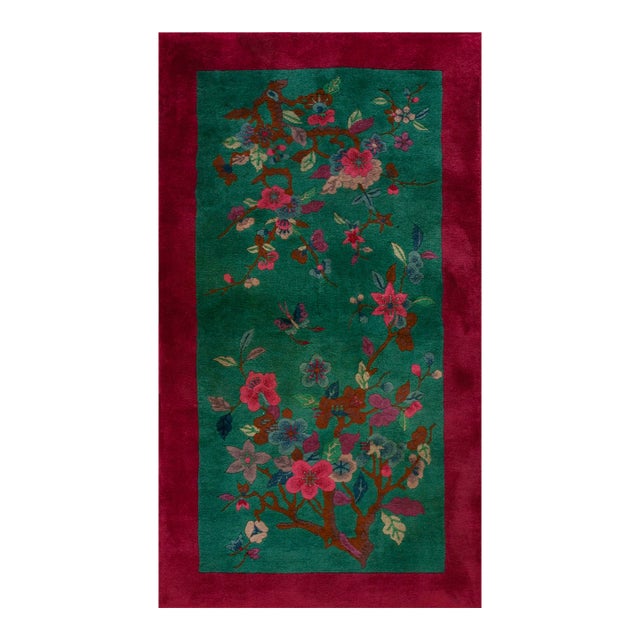 Lovely Dark Green Color With Special Floral Design Antique Chinese Art Deco Rug For Sale