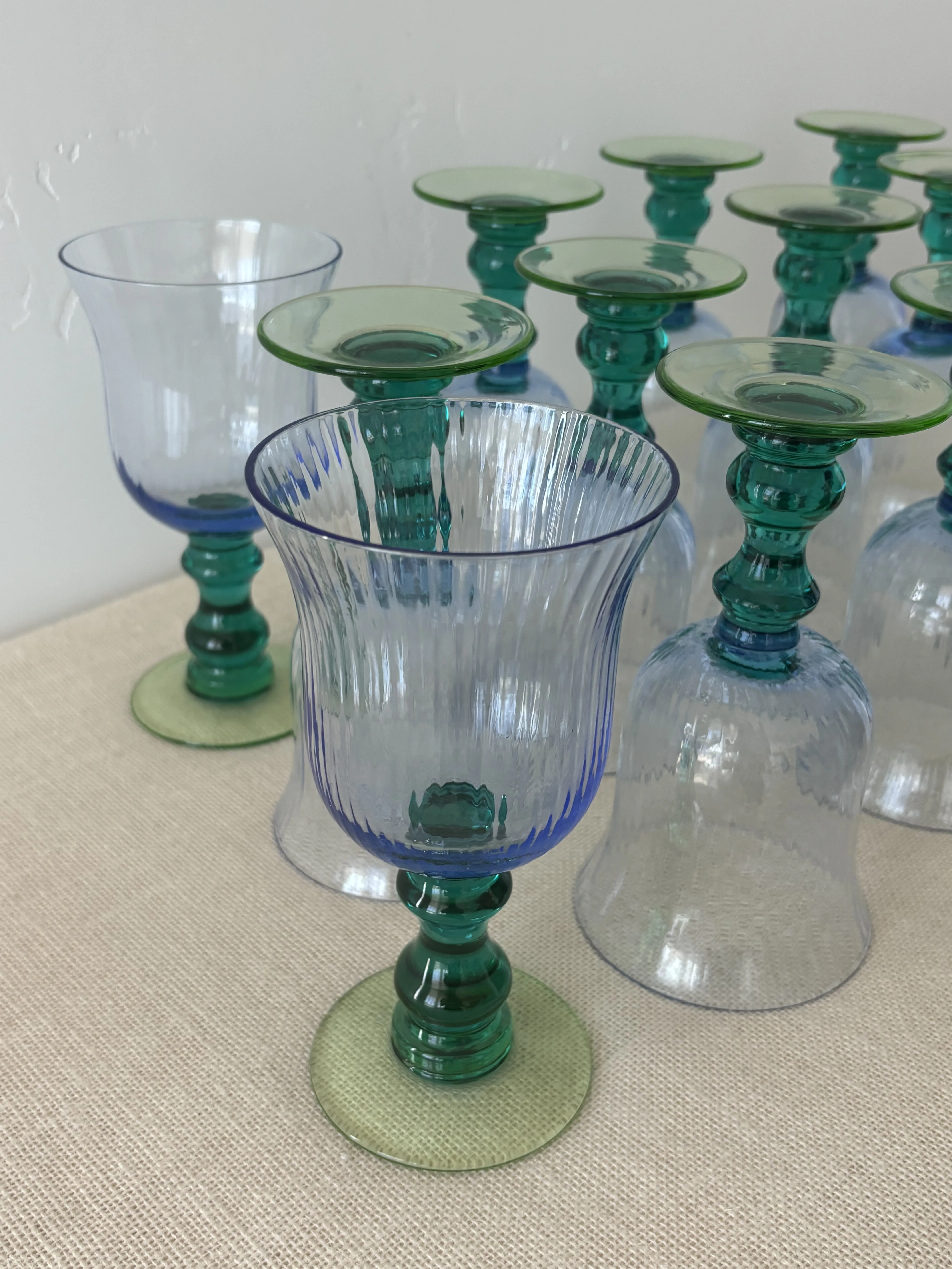 Anthropologie Galleria Wine Water Goblets Glasses Green Blue Optic Swirl-  Set of 13