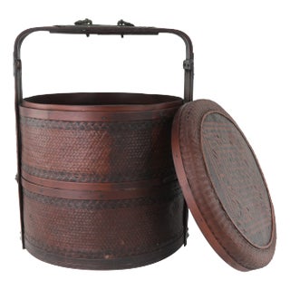 Large Chinese Two-Tier Woven Bamboo Wedding Basket With Double Happiness Symbol For Sale
