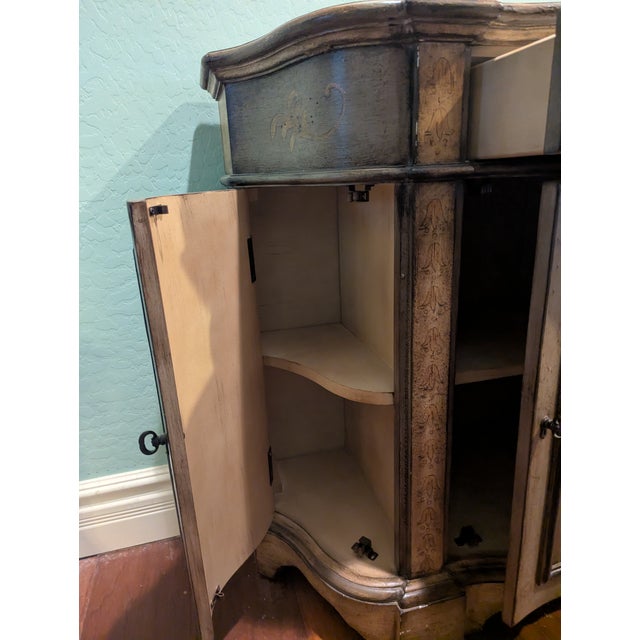 Wood 1990s Curved, Inlaid Wood, Stenciled Console Commode Table For Sale - Image 7 of 15