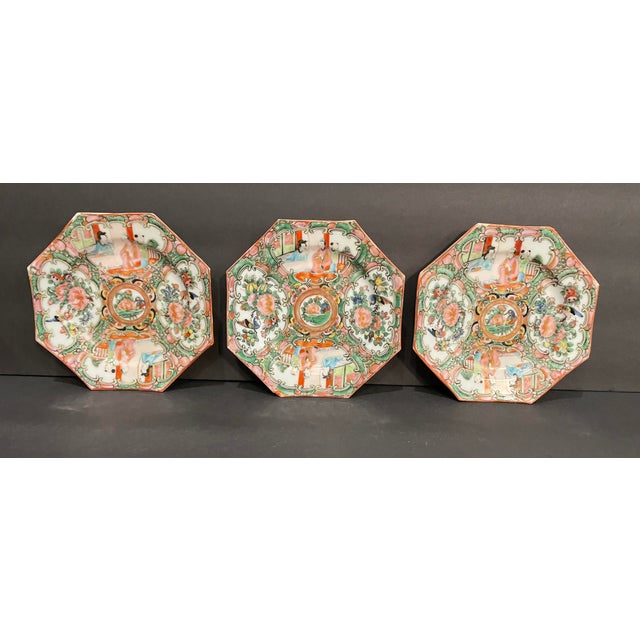 Late 19th Century Antique Rose Medallion Octagonal Plates - Set of Seven For Sale - Image 5 of 8