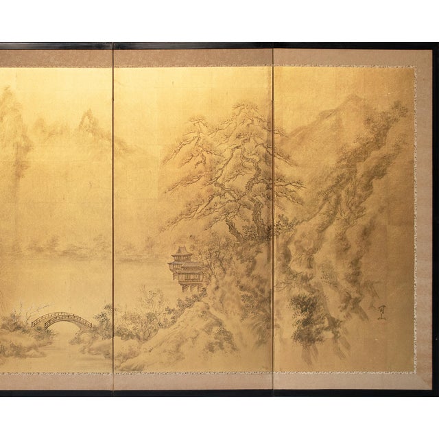 1960s Landscape With Bridge, Showa Era Japanese Painted Byobu Screen For Sale In Dallas - Image 6 of 18