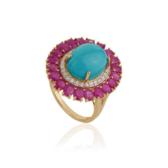 VR Jewels 14k Yellow Gold 9.35ct Cabochon Turquoise Ruby & Diamond Halo Cocktail Ring Size 8 For Sale - Image 4 of 18