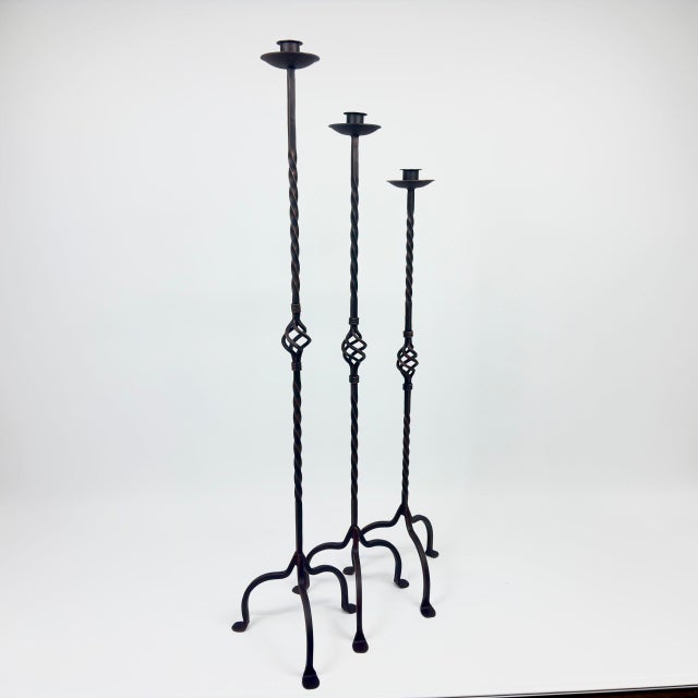 Metal Hand Forged Iron Candelabra Set of 3 (101-121cm) Antique Copper Finish Heavy Rope Twist Stem with Openwork Cage Detail For Sale - Image 7 of 8