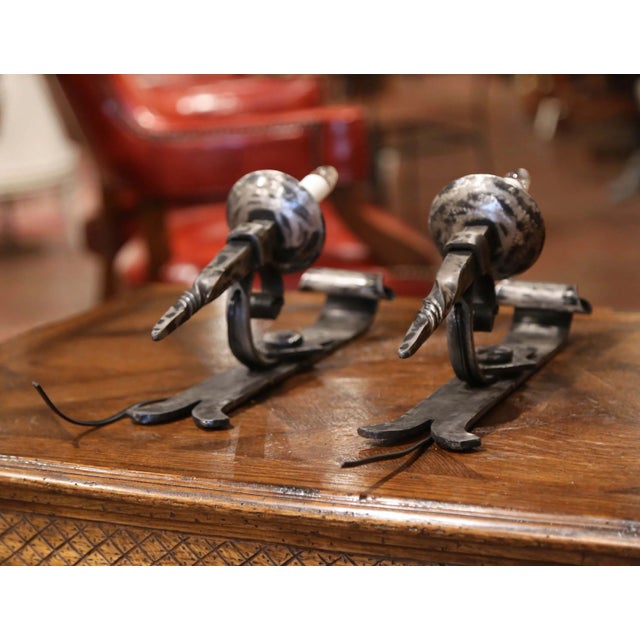 Pair of Early 20th Century Forged Polished Iron Wall Torchere Sconces For Sale In Dallas - Image 6 of 9