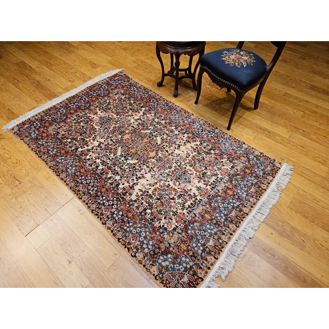 Persian Vintage Persian Kerman Lavar Rug, Hand-Knotted Wool & Silk, Allover Floral Pattern, Ivory & Blue, 4x7 For Sale - Image 3 of 17