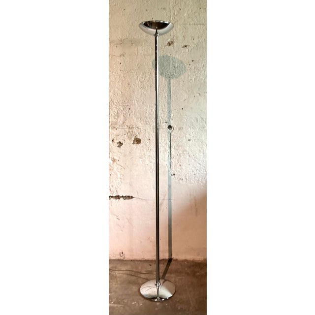 Embrace the sleek, sculptural minimalism of the Postmodern era with this striking chrome torchiere floor lamp. Its design...