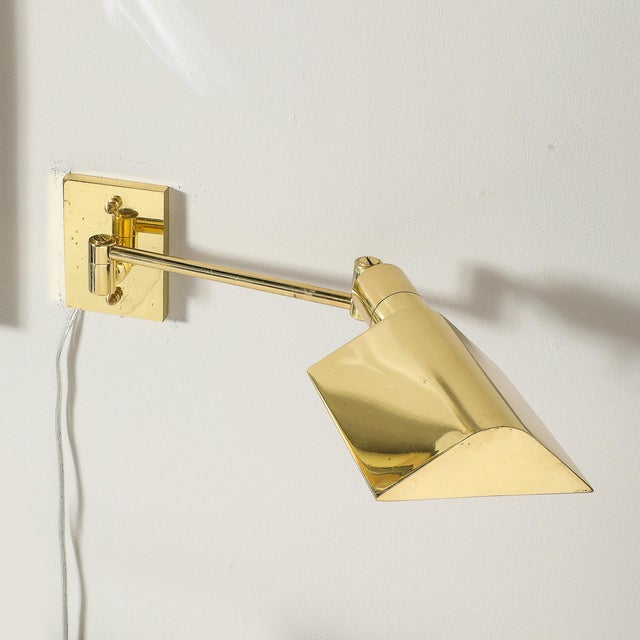 Pair of Mid-Century Modernist Swing Arm Articulating Sconces in Polished Brass For Sale - Image 10 of 13