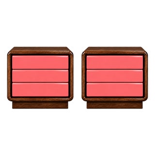 Pair of Postmodern Three-Drawer Nightstands — Rich Walnut & Salmon Finish For Sale