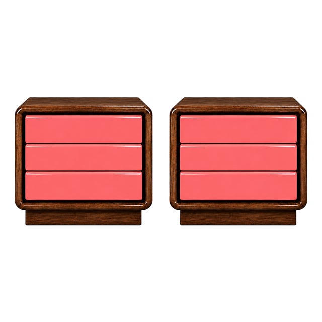 Pair of Postmodern Three-Drawer Nightstands — Rich Walnut & Salmon Finish For Sale