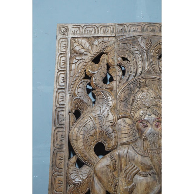 Mid-Century Modern Hand-Carved Wooden Ganesha Wall Panel, Intricately Detailed Hindu Deity Relief Sculpture For Sale - Image 3 of 3