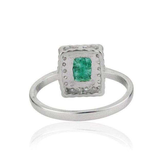 Contemporary Octagon Cut Geometric Zambian Emerald Ring With Diamond Halo in Silver, Size 6 For Sale - Image 3 of 14
