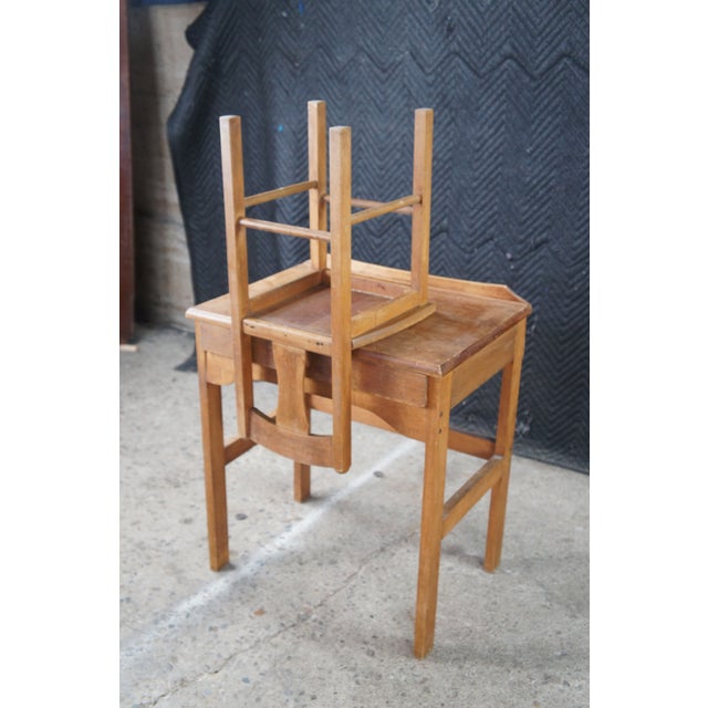 Brown Vintage Oak Childs Childrens Schoolhouse Writing Desk Table & Chair For Sale - Image 8 of 12
