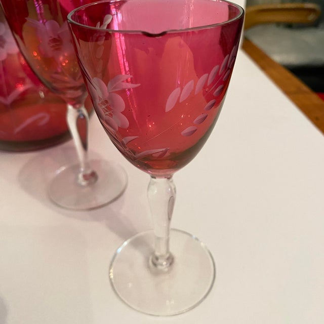 Cranberry Glass Decanter 6 Port Glasses and Shot Glass Stopper For Sale - Image 14 of 14