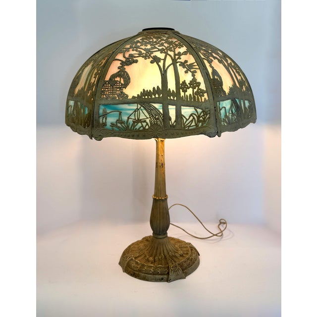 Miller Lamp Company Antique Miller Lamp Co. Slag Glass Table Lamp For Sale - Image 4 of 12