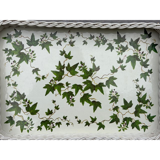 Vintage White Faux Wicker Green Ivy Vine Serving Tray For Sale - Image 12 of 18