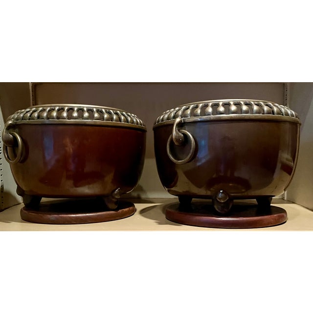 Metal Antique Japanese Art Deco Taisho Bronze Cachepot Planters or Orchid Pots, Circa 1920 - A Pair For Sale - Image 7 of 18