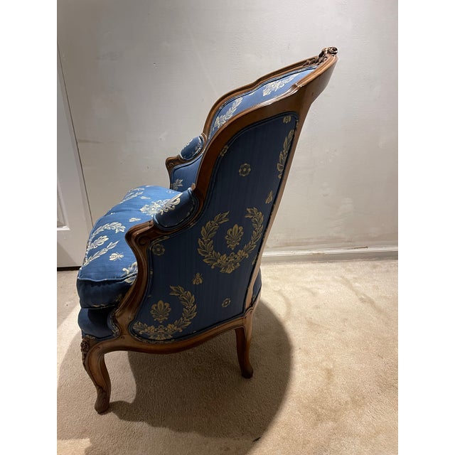 Blue Antique French Petite Bergere Covered in Neoclassical Design Fabric For Sale - Image 8 of 11