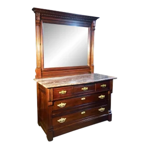 1880s Victorian Eastlake Walnut + Marble Dresser With Cheval Mirror