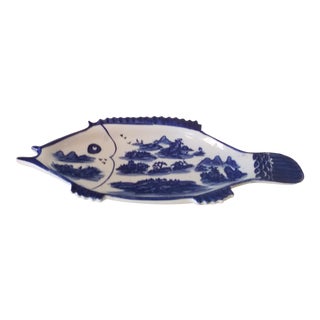 Vintage Hand-Painted Blue & White Large Fish Dish For Sale