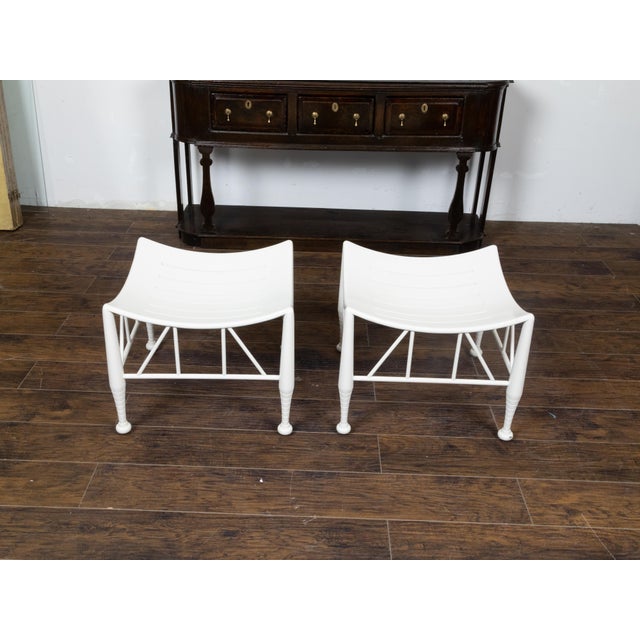 Pair of Vintage English Egyptian Revival White Thebes Stools with Curving Seats For Sale - Image 9 of 12