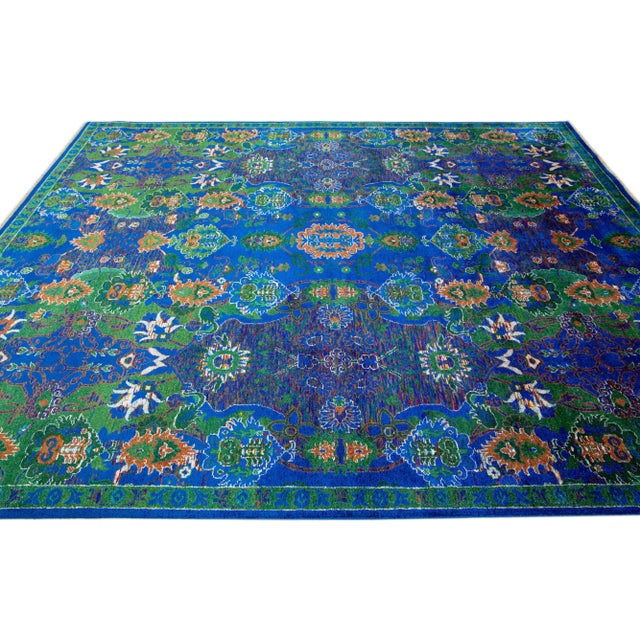 2010s 2010s Abstract Modern Wool & Silk Rug Allover Designed in Blue & Green For Sale - Image 5 of 7