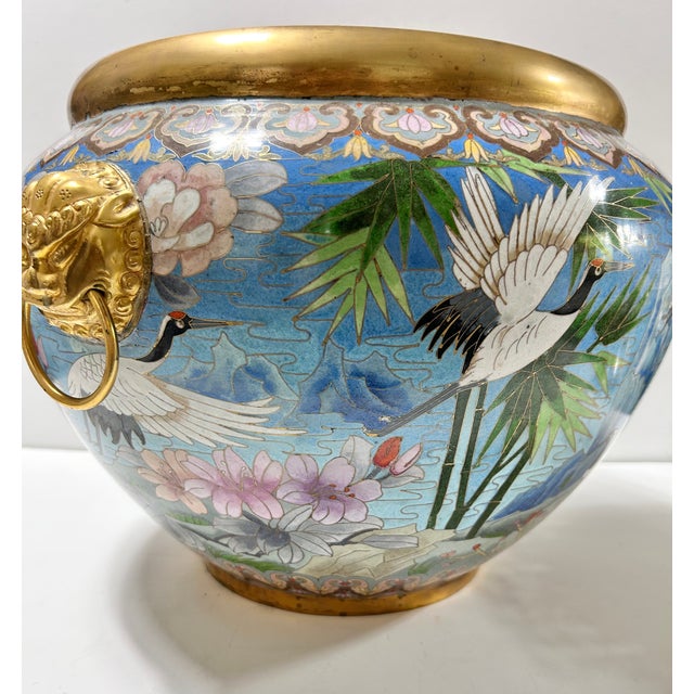 Blue 1960s Monumental Handcrafted Cloisonné Enamel Jardiniere With Cranes, Blossoms & Lion Head Handles For Sale - Image 8 of 18