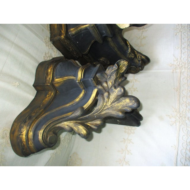 French Vintage Ornate Louis XIV Style Acanthus Leaf Design Slate Blue & Gold Corbels- Set of 2 For Sale - Image 3 of 10