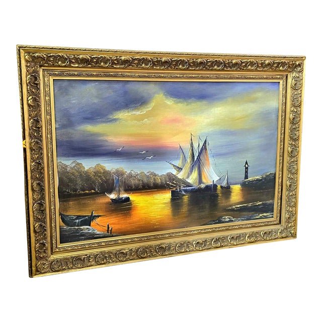 French Style Seascape Painting – Sailboats at Sunset With Ornate Gold Leaf Frame For Sale