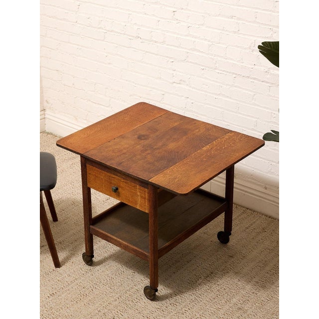Wood Vintage Oak Rolling Side Table Cart With Drawer and Lower Shelf For Sale - Image 7 of 12