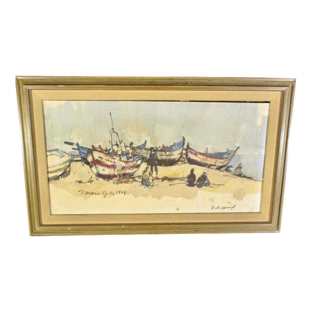 Oil on Panel Beach Scene Nazare July 1969 For Sale