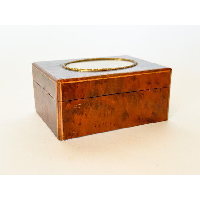 English Mid Century Austrian Burlwood Box With Embroidered Insert For Sale - Image 3 of 13