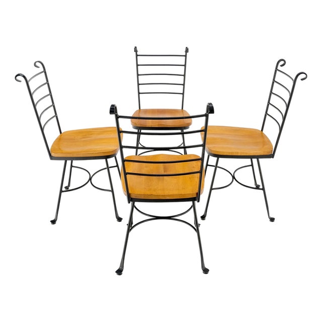 American Mid-Century Modern Wrought Iron & Solid Birch Seats Dining Chairs Mint For Sale