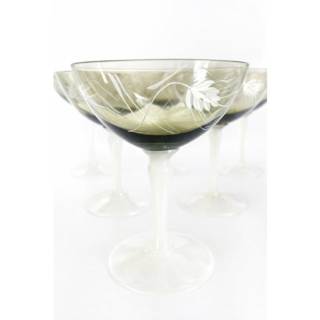 1930s Art Deco Opaline Champagne Coupes – Set of 6 Etched Smoke Glass Cocktail Glasses For Sale - Image 4 of 6