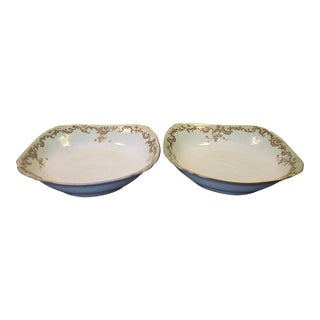 Antique 1890s Limoges Elite Works 9" Square Serving Bowls – Celadon Dots & Gold Scrolls - a Pair For Sale
