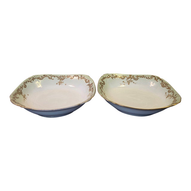 Antique 1890s Limoges Elite Works 9" Square Serving Bowls – Celadon Dots & Gold Scrolls - a Pair For Sale