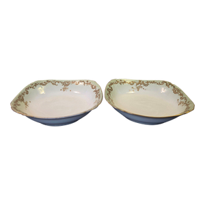 Antique 1890s Limoges Elite Works 9" Square Serving Bowls – Celadon Dots & Gold Scrolls - a Pair