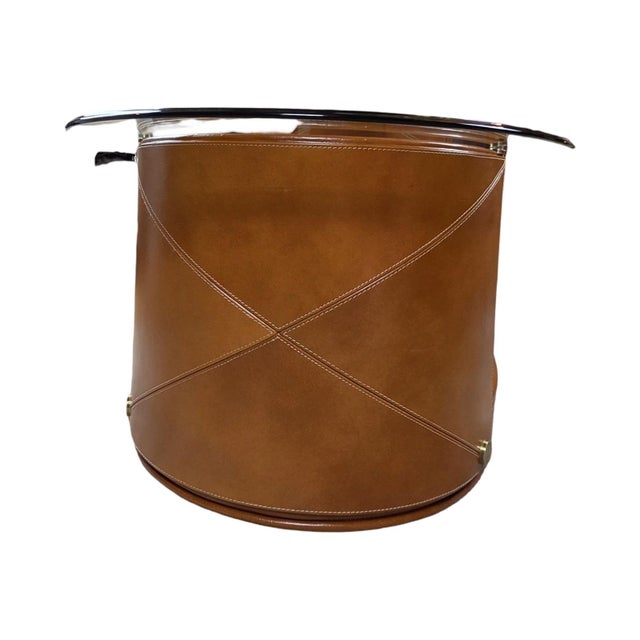 Cream Postmodern Cognac Leather & Glass Oval Coffee Table With Sculptural Base For Sale - Image 8 of 11