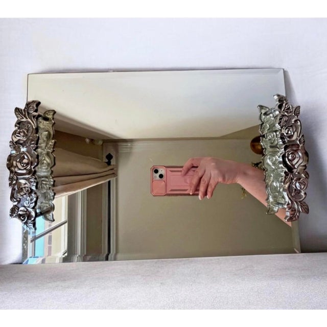 Hollywood Regency Vintage Vanity Tray Features a Beveled Mirror Surface With Detailed Floral Rose Trim on the Handles For Sale - Image 3 of 14