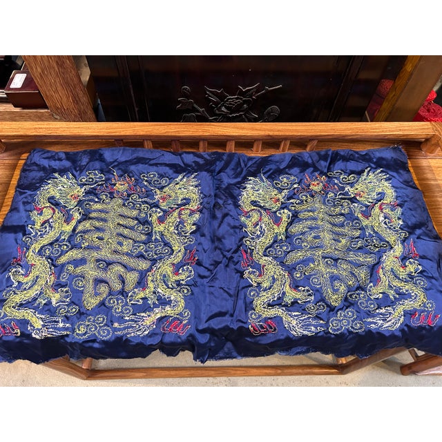 Gold Vintage Hand Embroidered Double Dragons Longevity Navy Blue Fabric Art For Sale - Image 8 of 8