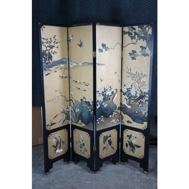 Vintage Chinese Black Lacquer 4 Panel Hand Painted Folding Screen Room Divider For Sale - Image 4 of 18