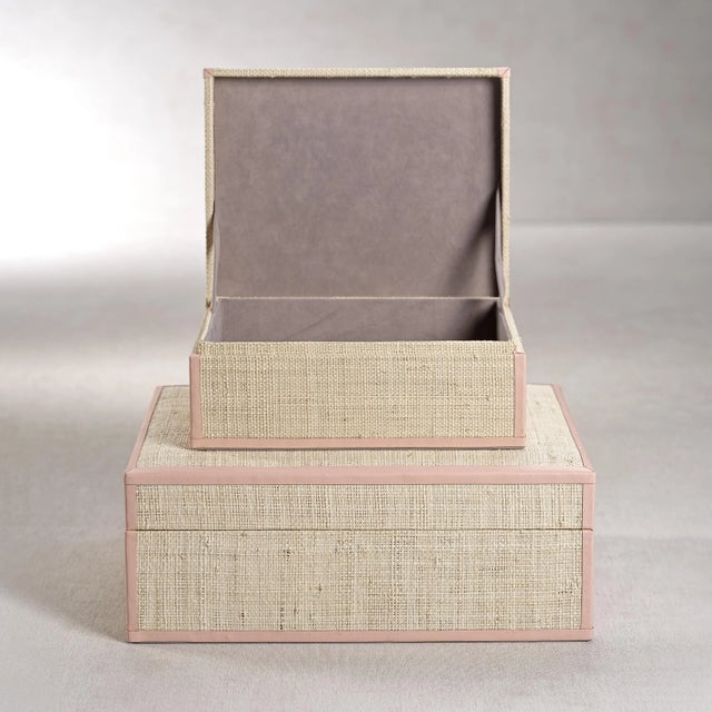Contemporary Reggio Raffia Decorative Box with Pink Trim, Large For Sale - Image 3 of 3
