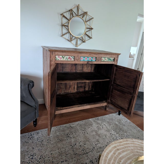 Stunning Antique Indonesian Carved Teakwood Cabinet With Majolica Ceramic Tiles For Sale In Baltimore - Image 6 of 14