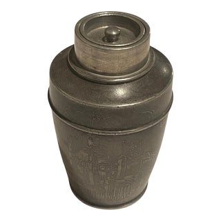 Chinese Pewter Tea or Tobacco Container with Engraved Scene Around, 19th Century For Sale