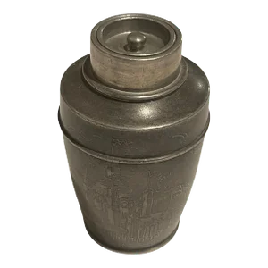 Chinese Pewter Tea or Tobacco Container with Engraved Scene Around, 19th Century