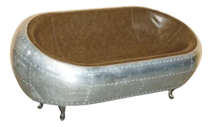Two-Seater Sofa in Hand Hammered Aluminium and Brown Leather