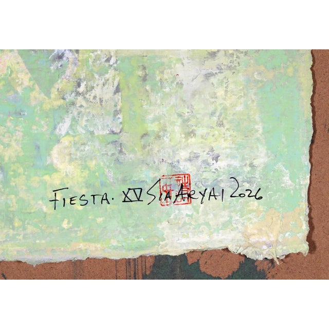 Abstract Expressionism Fiesta . XV White Framed Surreal Light Green Painting For Sale - Image 3 of 4