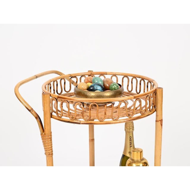 1960s Round Serving Bar Cart in Bamboo, Rattan and Wicker by Franco Albini, Italy, 1960s For Sale - Image 5 of 12