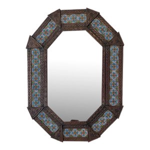 Circa 2005 Mexican Bronzed Hojalata (Tin Art Work) & Talavera Tile Mirror - Hangs Vertically or Horizontally